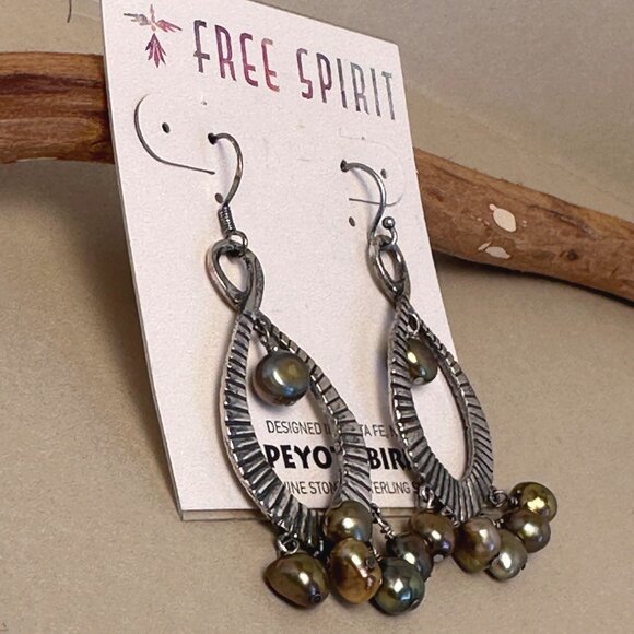 Peyote Bird Boho Teardrop Earrings Bronze Pearls Oxidized Silver NWT Signed - Picture 5 of 11